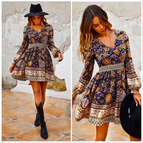 NWT! PAISLEY & FLORAL PRINT BOHO LANTERN SLEEVE A-LINE DRESS/TUNIC-SIZE LARGE! - Picture 4 of 6